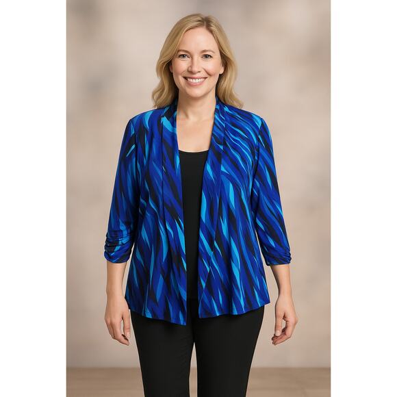 Dressbarn Blue Geometric Waves Open Front Cardigan Sz Large Draped Art To Wear - Picture 1 of 9